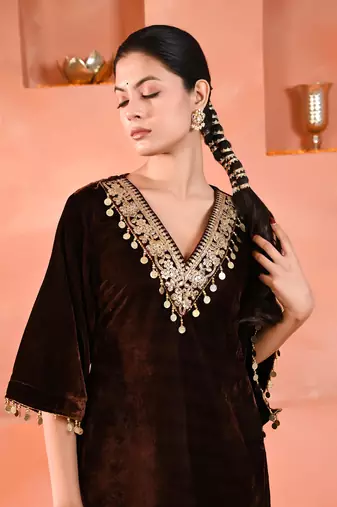 Brown velvet kurta set