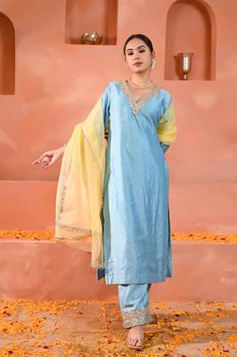 Sky blue chanderi kurta set 1