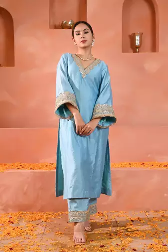 Sky blue chanderi kurta set