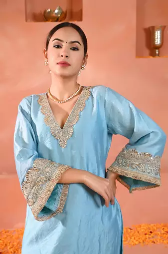 Sky blue chanderi kurta set