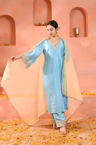 Sky blue chanderi kurta set