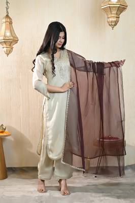 Beige georgette satin kurta set 1