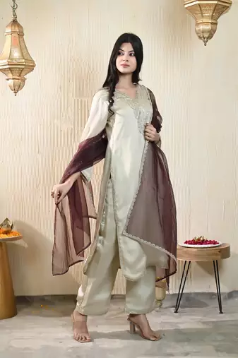Beige georgette satin kurta set