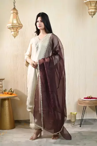 Beige georgette satin kurta set