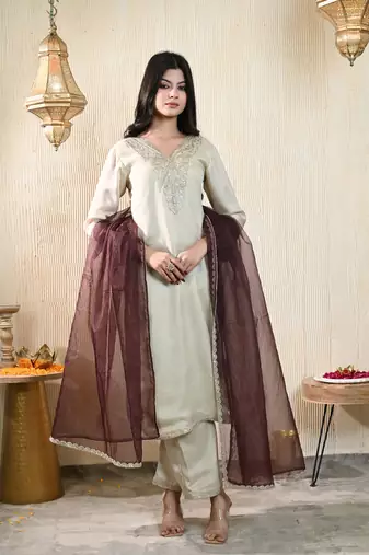 Beige georgette satin kurta set