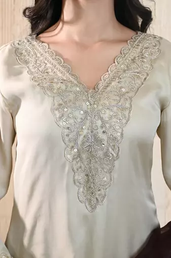 Beige georgette satin kurta set