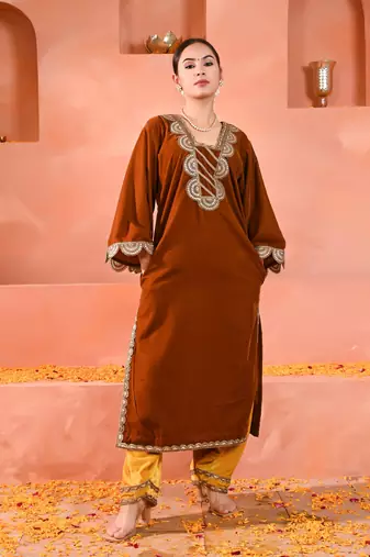 Mustard brown & yellow velvet kurta set