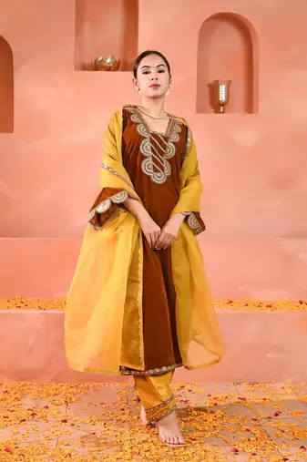 Mustard brown & yellow velvet kurta set