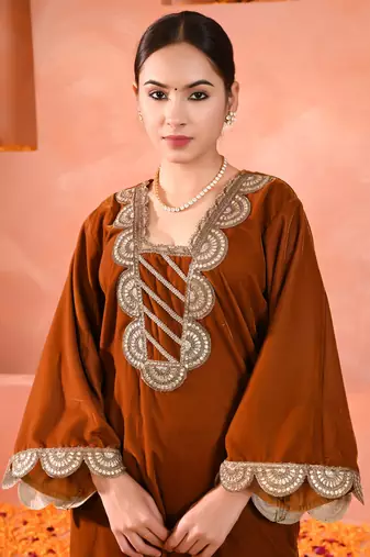 Mustard brown & yellow velvet kurta set