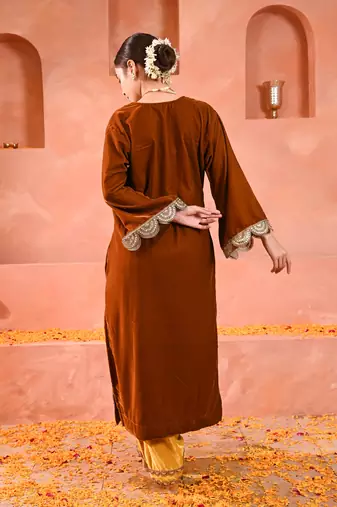 Mustard brown & yellow velvet kurta set