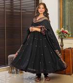 Stitched Black Embroidered Chiffon Kurta Pant Set with Dupatta