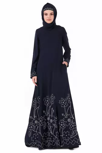 Floral Geo Embroidery Navy Blue Abaya