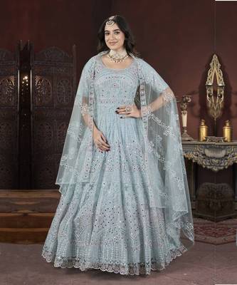 Sky blue thread embroidered work with zarkan net anarkali salwar suit palazzo with dupatta fstive stitched long gown 1