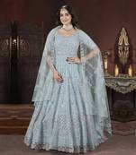 Sky blue thread embroidered work with zarkan net anarkali salwar suit palazzo with dupatta fstive stitched long gown