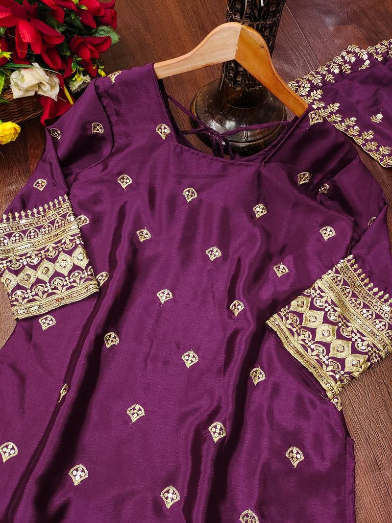 Heavy Chinon Suit With Sequence Embroidered Work