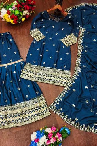 Heavy Chinon Suit With Sequence Embroidered Work