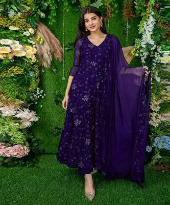Purple embroidered georgette long-kurtis 1
