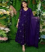 Purple embroidered georgette long-kurtis