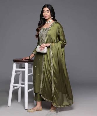 Mehendi viscose chanderi heavy thread embroidery work kurta pant set 1