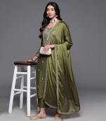 Mehendi viscose chanderi heavy thread embroidery work kurta pant set