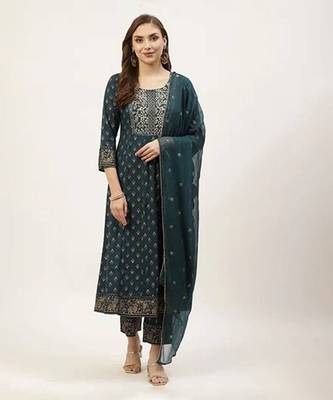 Green printed cotton kurta pant with dupatta 1