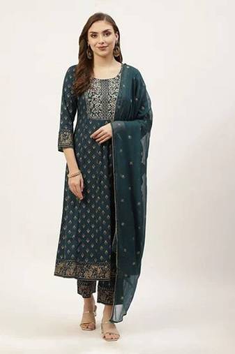 Green printed cotton kurta pant with dupatta