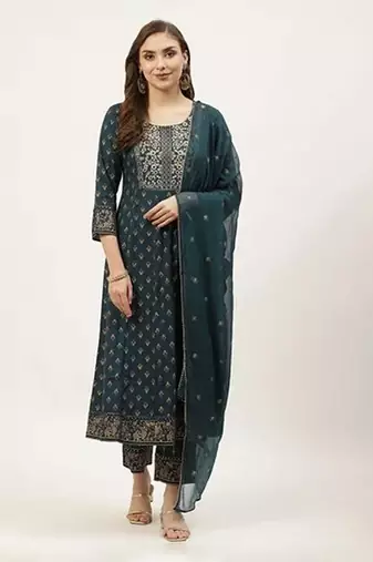 Green printed cotton kurta pant with dupatta