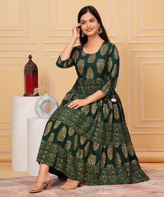 Lunar green gold printed rayon anarkali gown 1