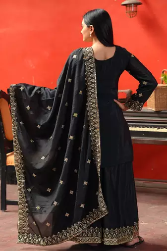 Black Heavy Chinon Suit With Sequence Embroidered Work