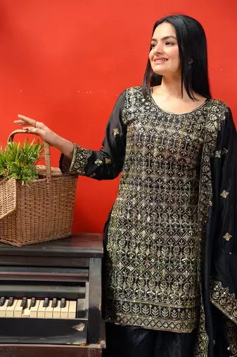 Black Heavy Chinon Suit With Sequence Embroidered Work