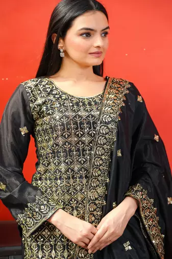 Black Heavy Chinon Suit With Sequence Embroidered Work