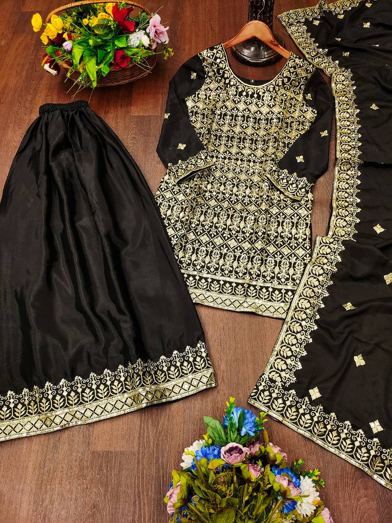 Black Heavy Chinon Suit With Sequence Embroidered Work