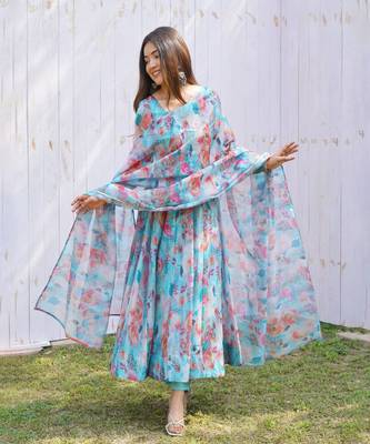 TABBY ORGANJA SILK FABRIC FULLY FLAIR KALI PATTERN AND CANVAS PATTA WITH DUPPTA SET ,PENT READY TO WEAR 1