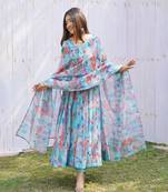 TABBY ORGANJA SILK FABRIC FULLY FLAIR KALI PATTERN AND CANVAS PATTA WITH DUPPTA SET ,PENT READY TO WEAR