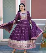 Flarred Purple Heavy Fox Georgette Suit With Sequence Embroidered Work