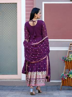 Flarred Purple Heavy Fox Georgette Suit With Sequence Embroidered Work 2