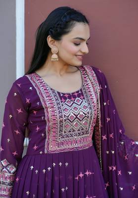 Flarred Purple Heavy Fox Georgette Suit With Sequence Embroidered Work 3