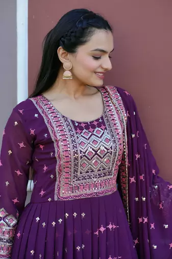 Flarred Purple Heavy Fox Georgette Suit With Sequence Embroidered Work