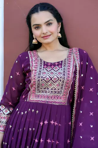 Flarred Purple Heavy Fox Georgette Suit With Sequence Embroidered Work