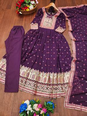 Flarred Purple Heavy Fox Georgette Suit With Sequence Embroidered Work 5