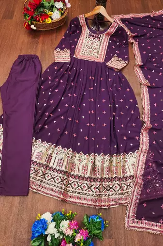 Flarred Purple Heavy Fox Georgette Suit With Sequence Embroidered Work