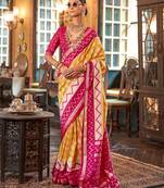 yellow polyester viscose silk blend patola printed saree