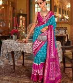 turquoise blue polyester viscose silk blend patola printed saree