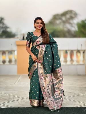Green soft Silk Blend saree with zari weaving meenakari design 1