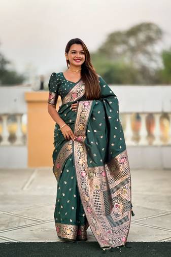 Green soft Silk Blend saree with zari weaving meenakari design