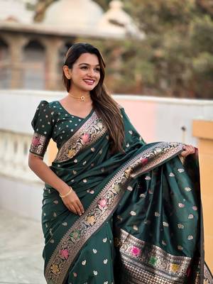 Green soft Silk Blend saree with zari weaving meenakari design 2