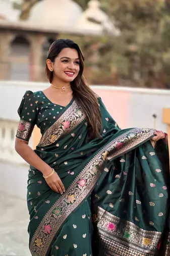 Green soft Silk Blend saree with zari weaving meenakari design