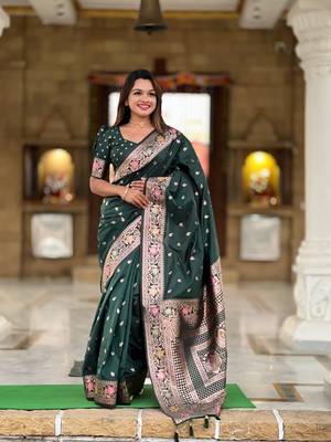 Green soft Silk Blend saree with zari weaving meenakari design 4