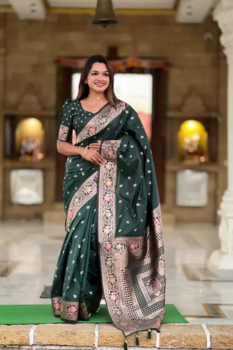Green soft Silk Blend saree with zari weaving meenakari design