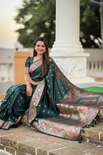 Green soft Silk Blend saree with zari weaving meenakari design